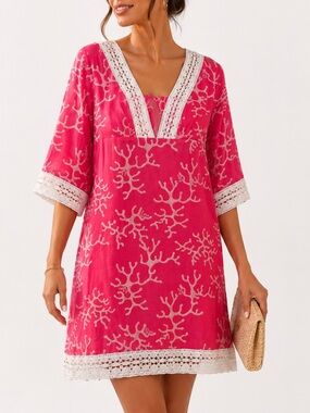 🛍️SALE Lilly Pulitzer embroidered Sherman tunic dress coral reef coastal sz 4